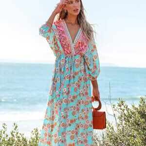 Cupshe Teal & Pink Plunging Maxi Dress Size M | NWT | Floral Bubble Sleeve